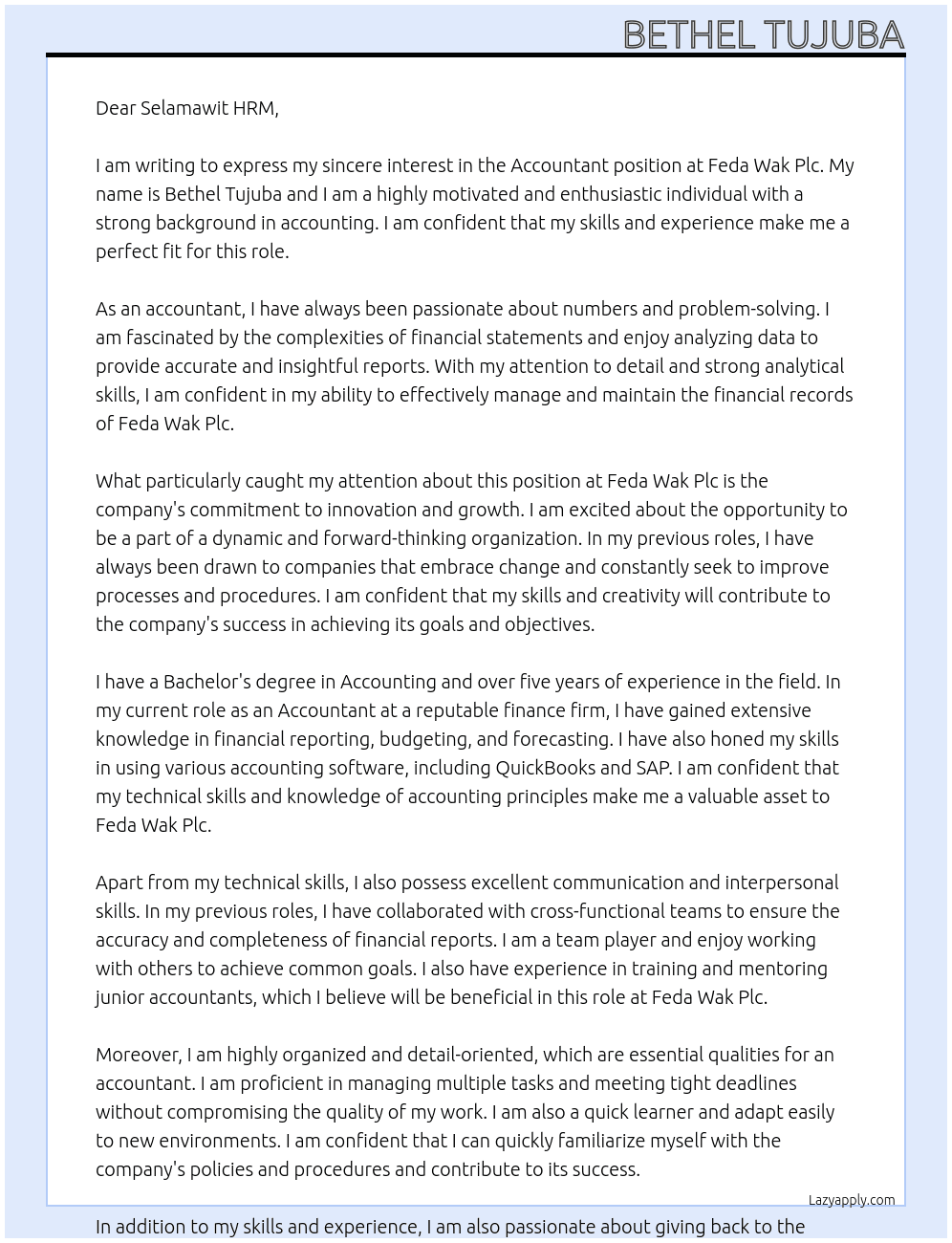 Accountant  At Feda wak plc Cover Letter