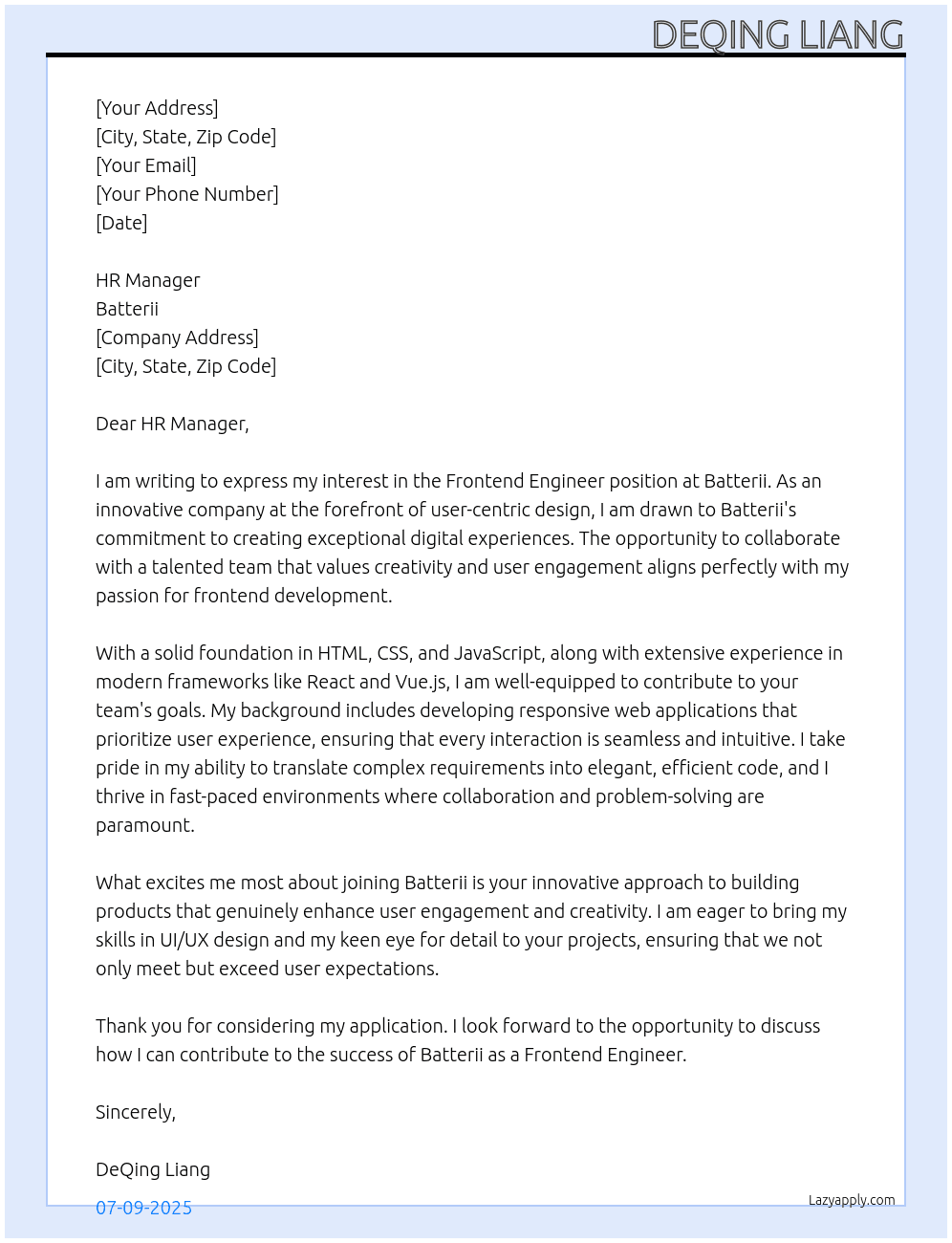 Frontend Enginer At Batterii Cover Letter