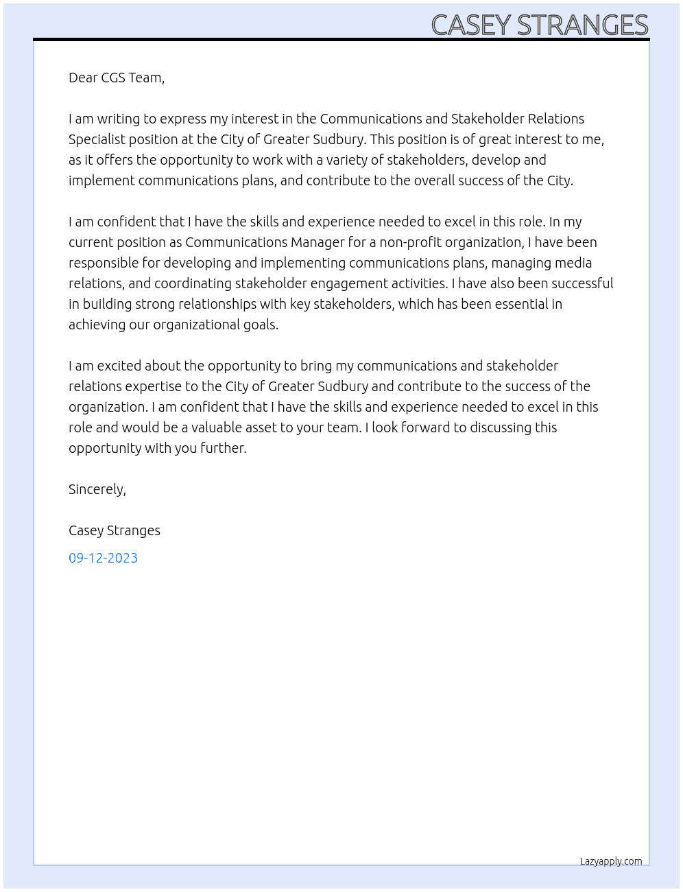 Communications and Stakeholder Relations Specialist At City of Greater Sudbury Cover Letter