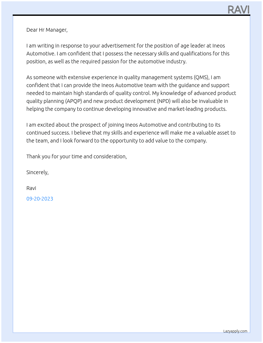 Aqe Leader At Ineos automotive Cover Letter