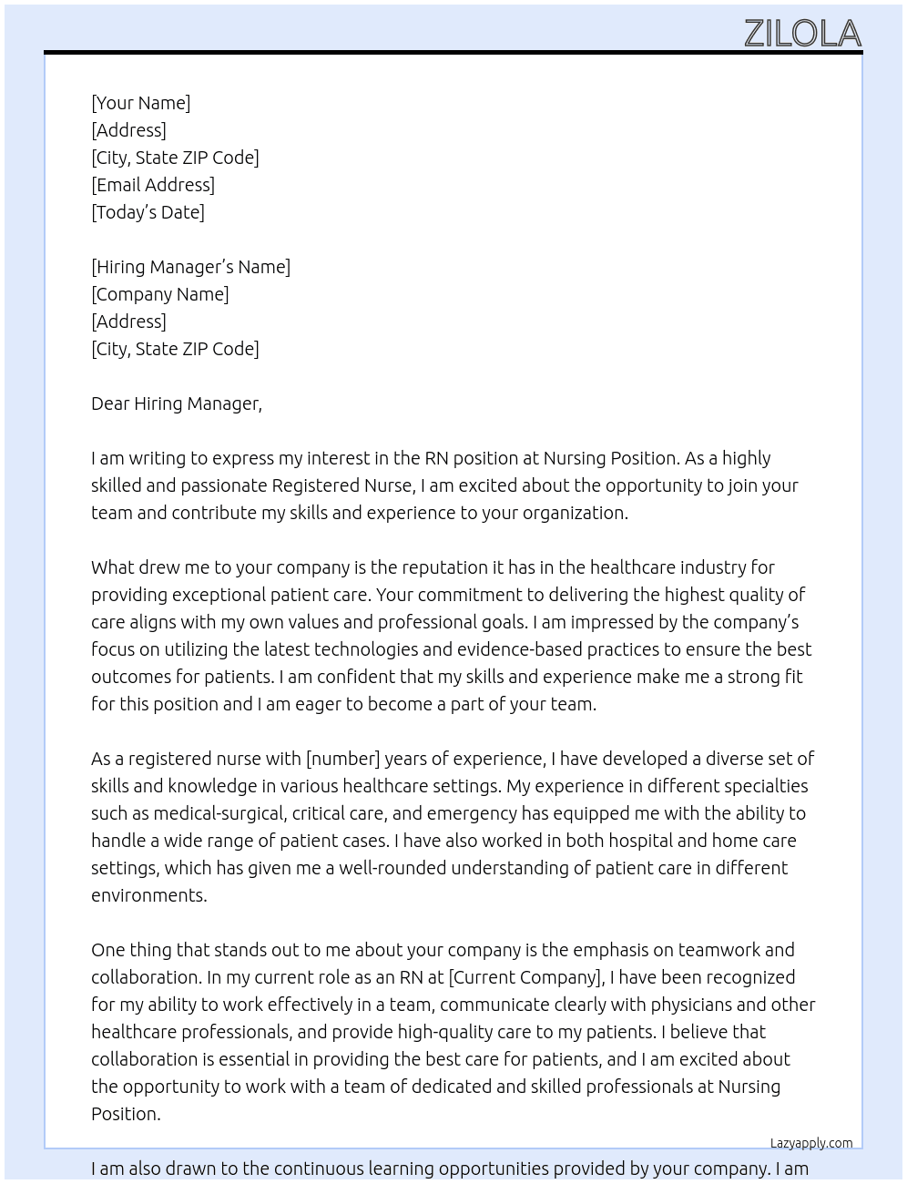 RN At Nursing position Cover Letter