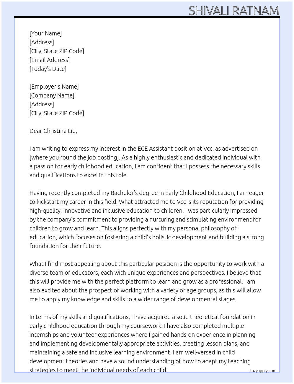 ECE assistant  At Vcc Cover Letter