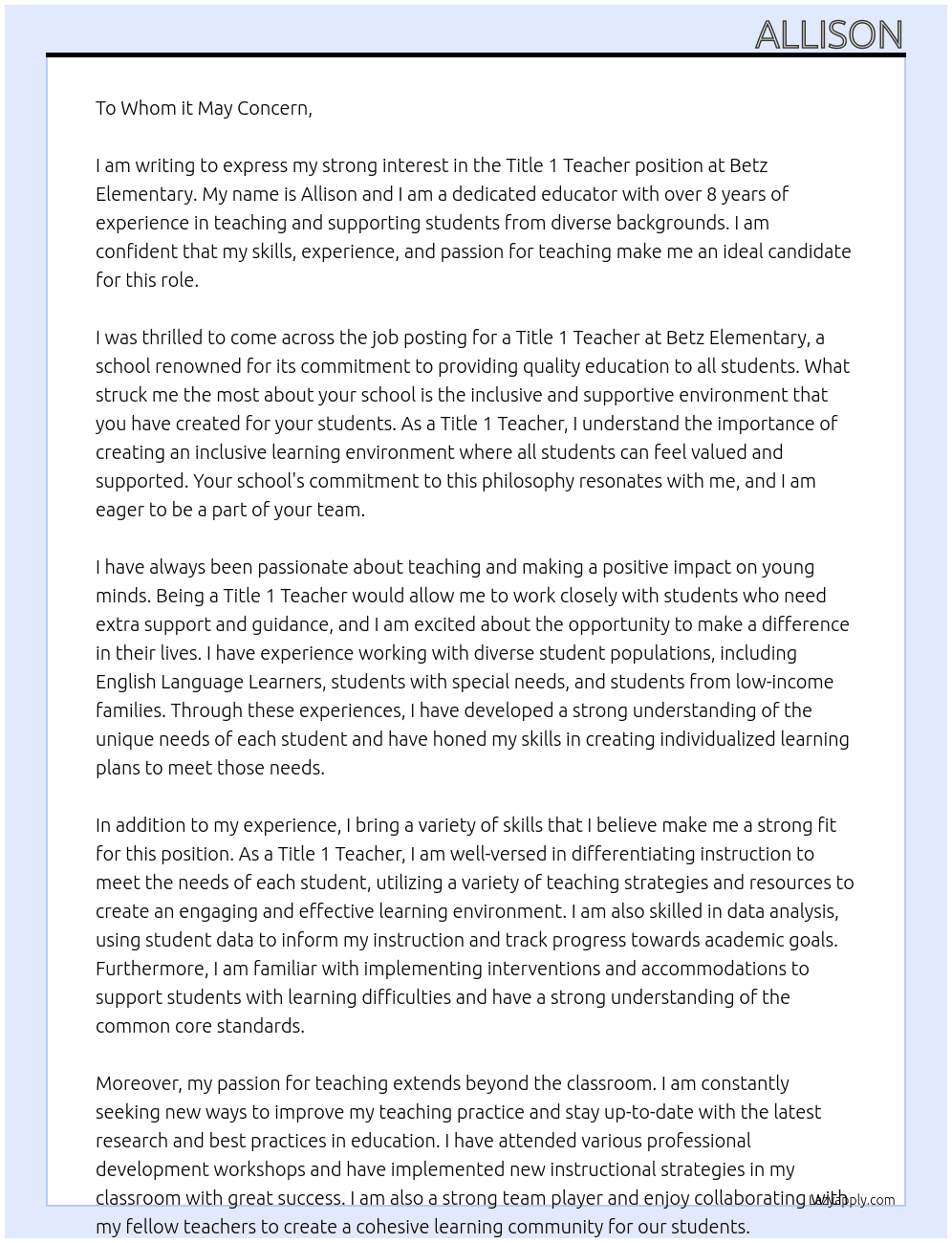 Title 1 teacher At Betz Elementary Cover Letter