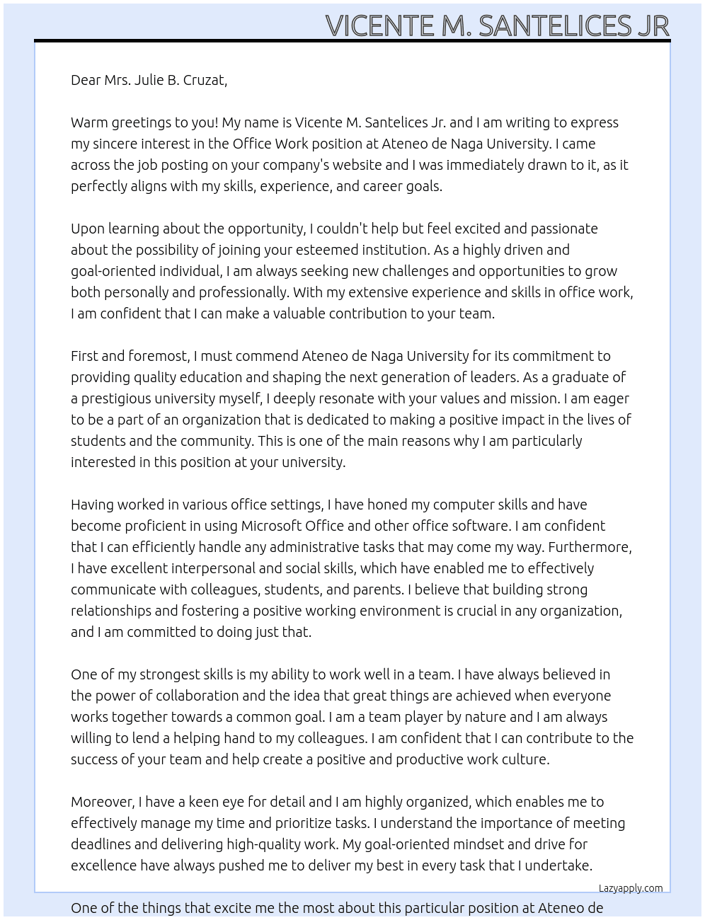 Office work at school At ATENEO DE NAGA UNIVERSITY  Cover Letter