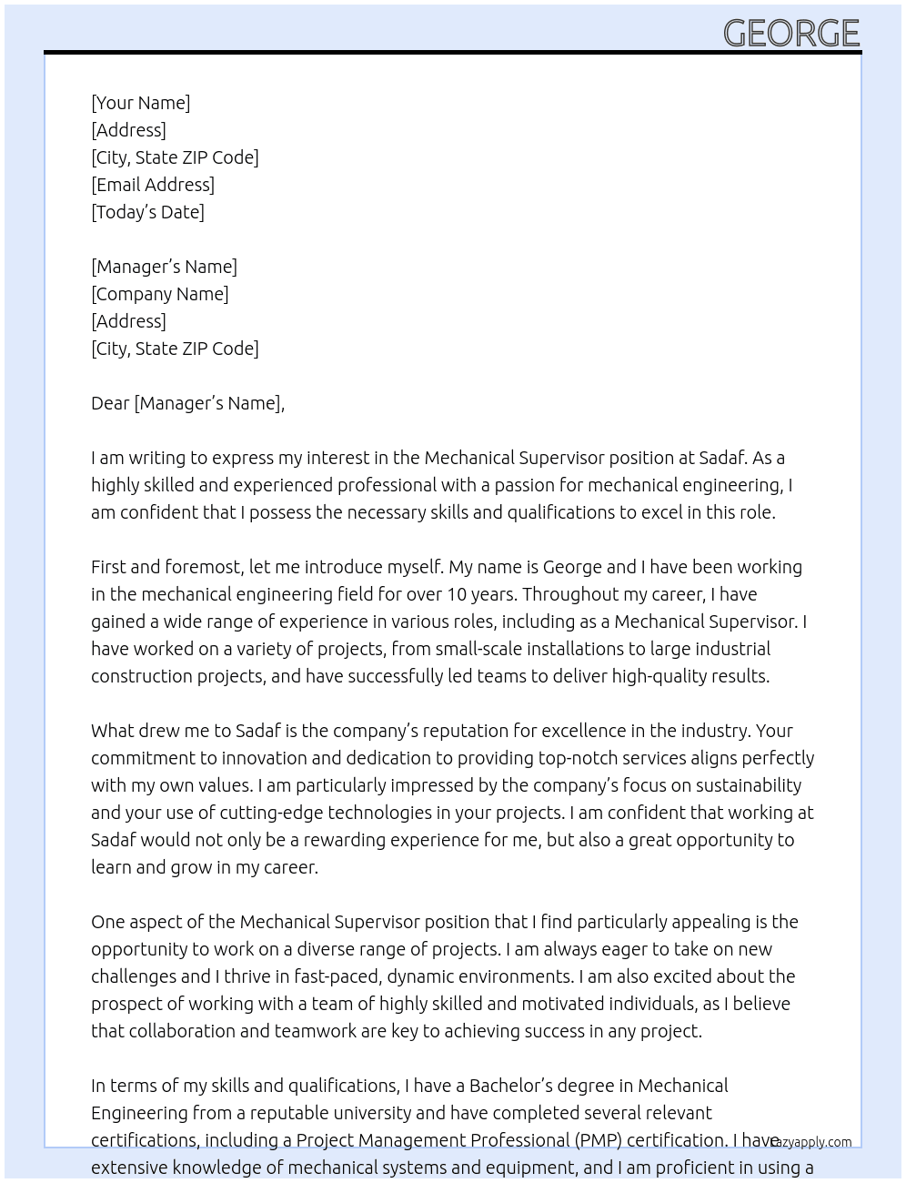 Mechanical supervissor At sadaf Cover Letter