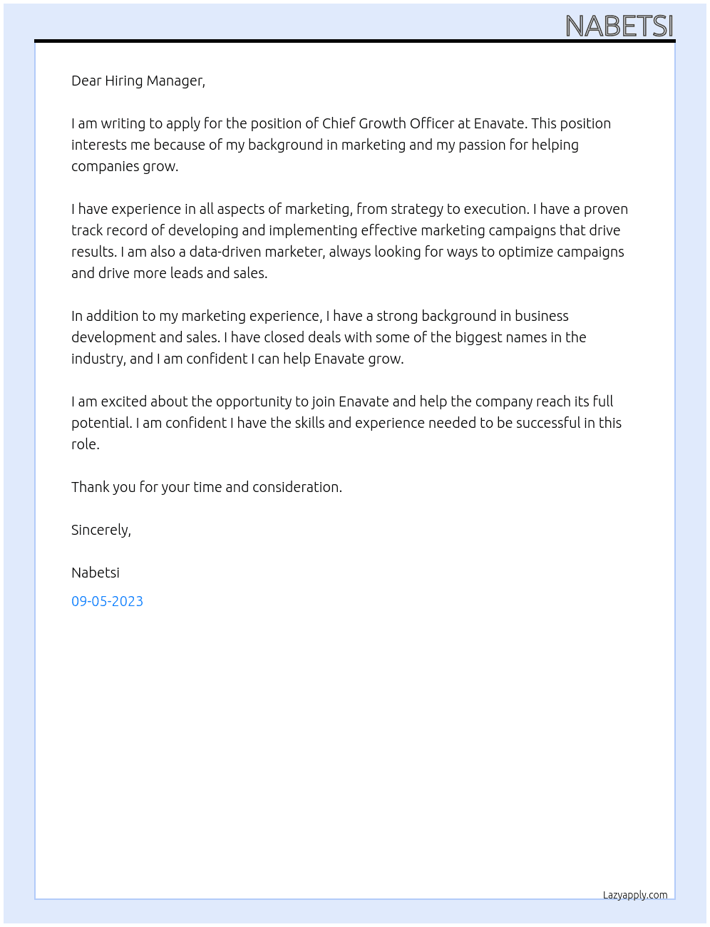 Chief Growth Officer At Enavate Cover Letter