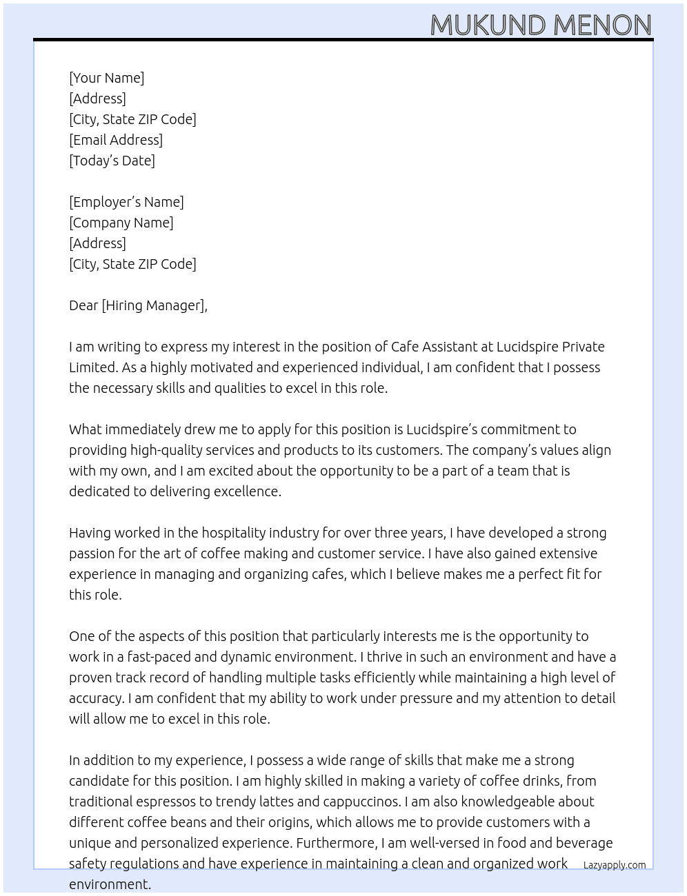 Cafe assists  At Lucidspire Private Limited  Cover Letter