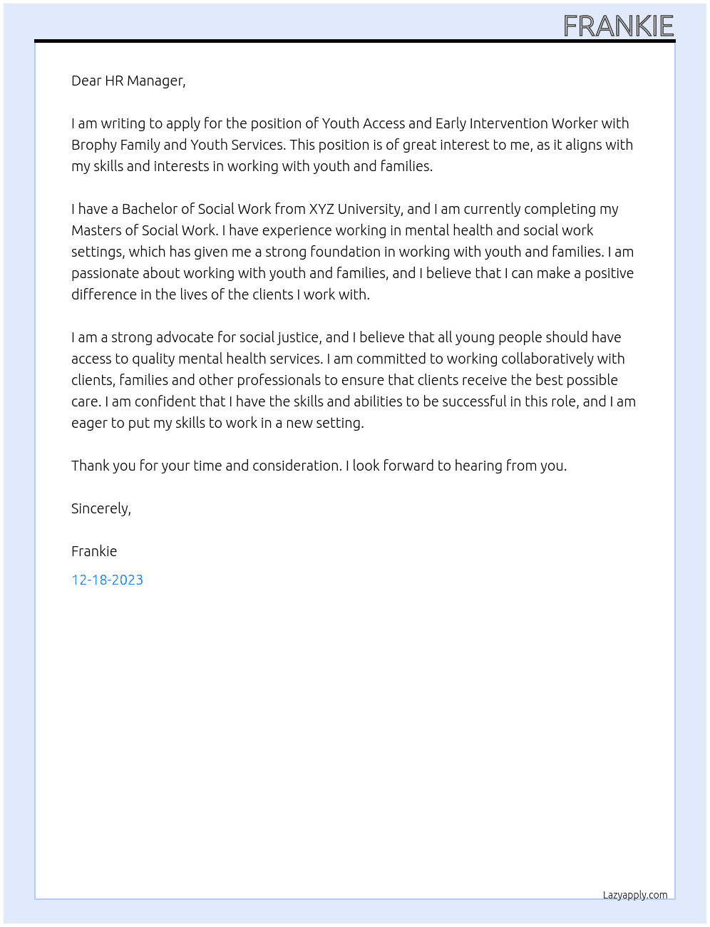 Youth Access and Early Interventio nWorker At Brophy Family and youth services  Cover Letter