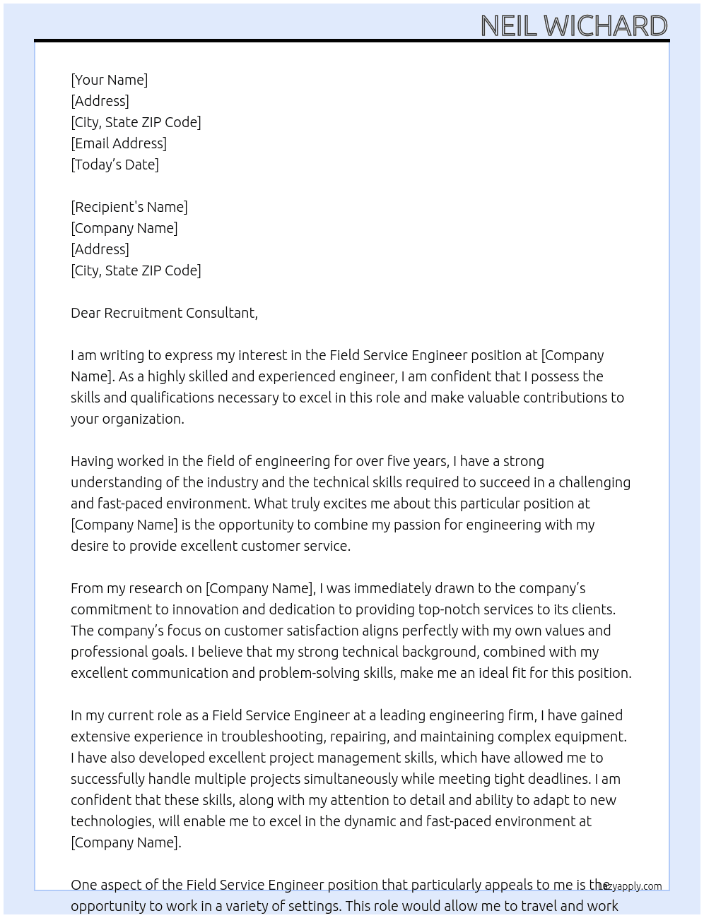 Field Service Engineer At Recruitment Agency Cover Letter