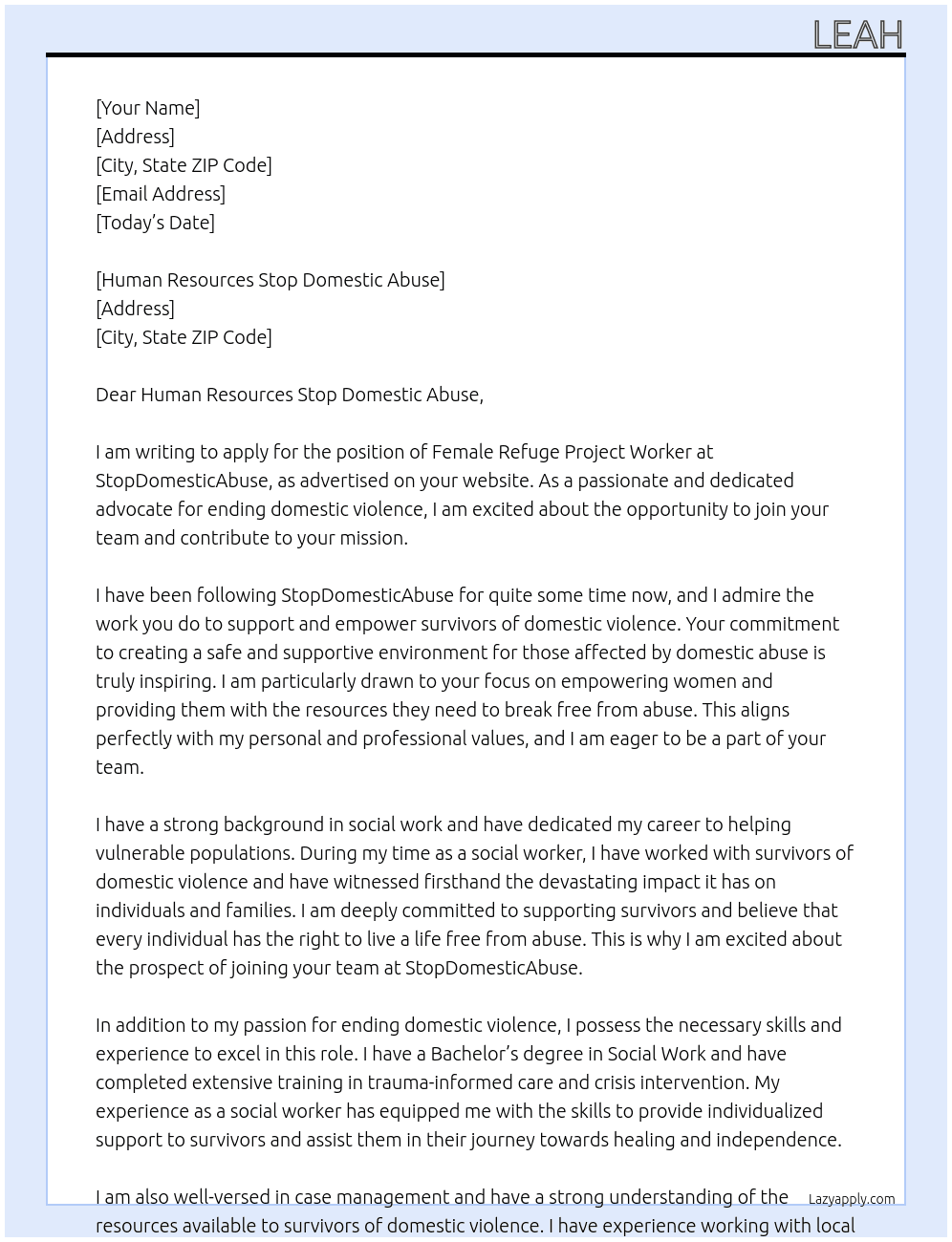 Female Refuge Project Worker At StopDomesticAbuse Cover Letter