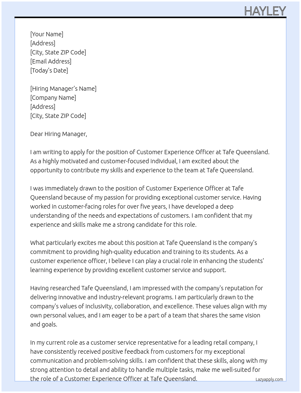 Customer Experience Officer At Tafe Queensland  Cover Letter