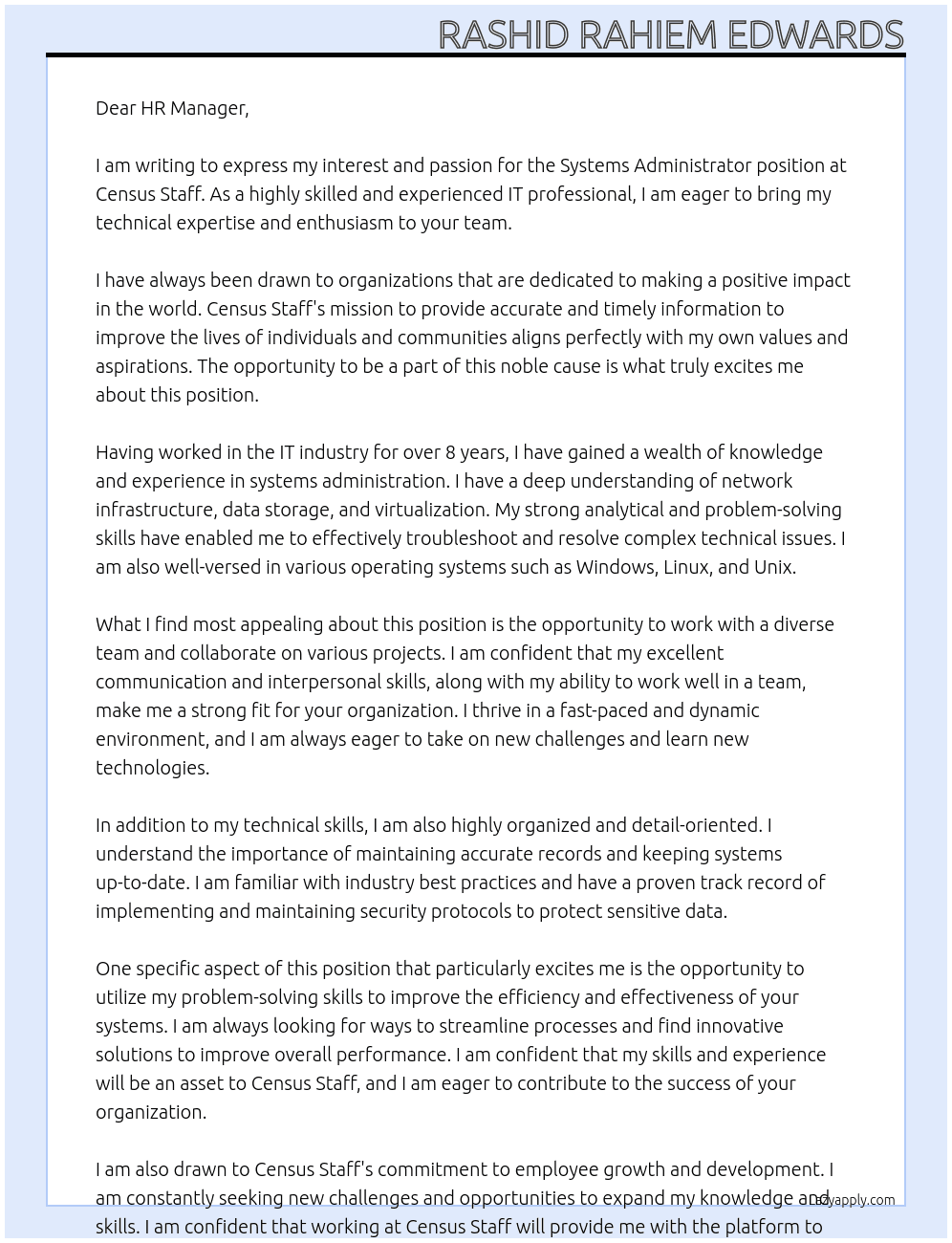 systems adminstrator At Census Staff Cover Letter