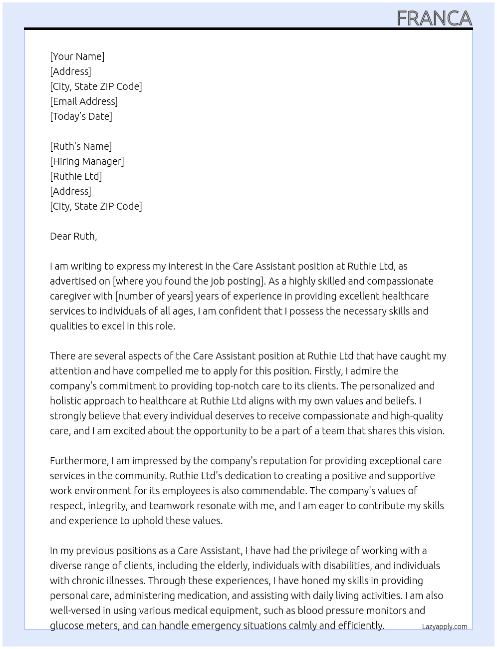 Care Assistant At Ruthie Ltd Cover Letter