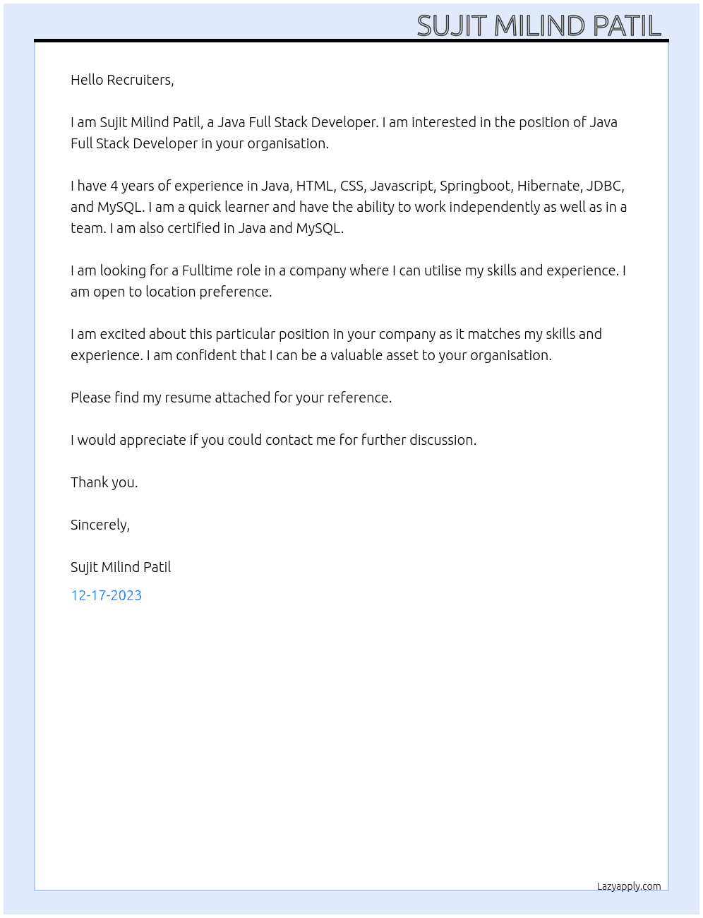 Java Full Stack Developer At any organisation Cover Letter