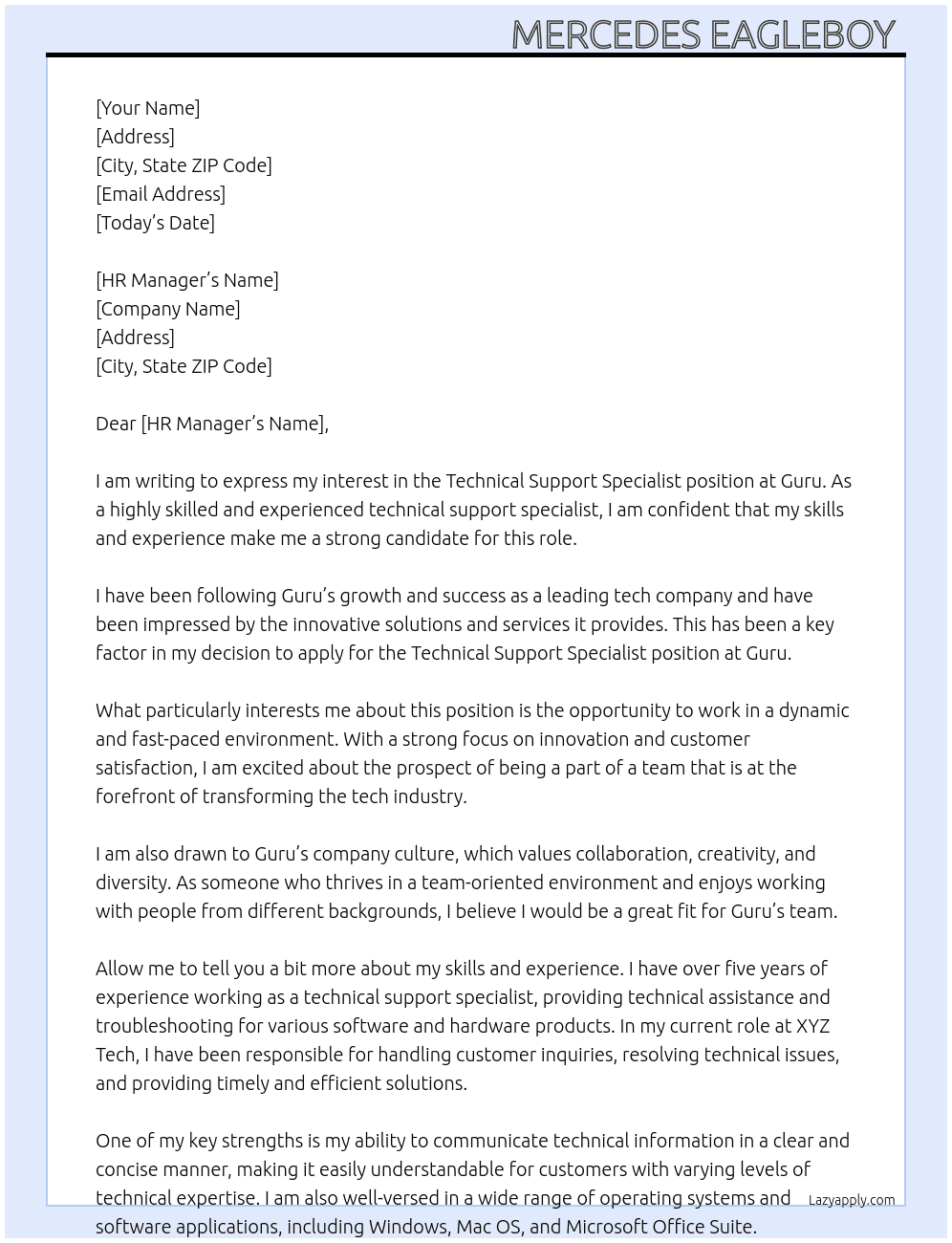 Technical Support Specialist At Guru Cover Letter