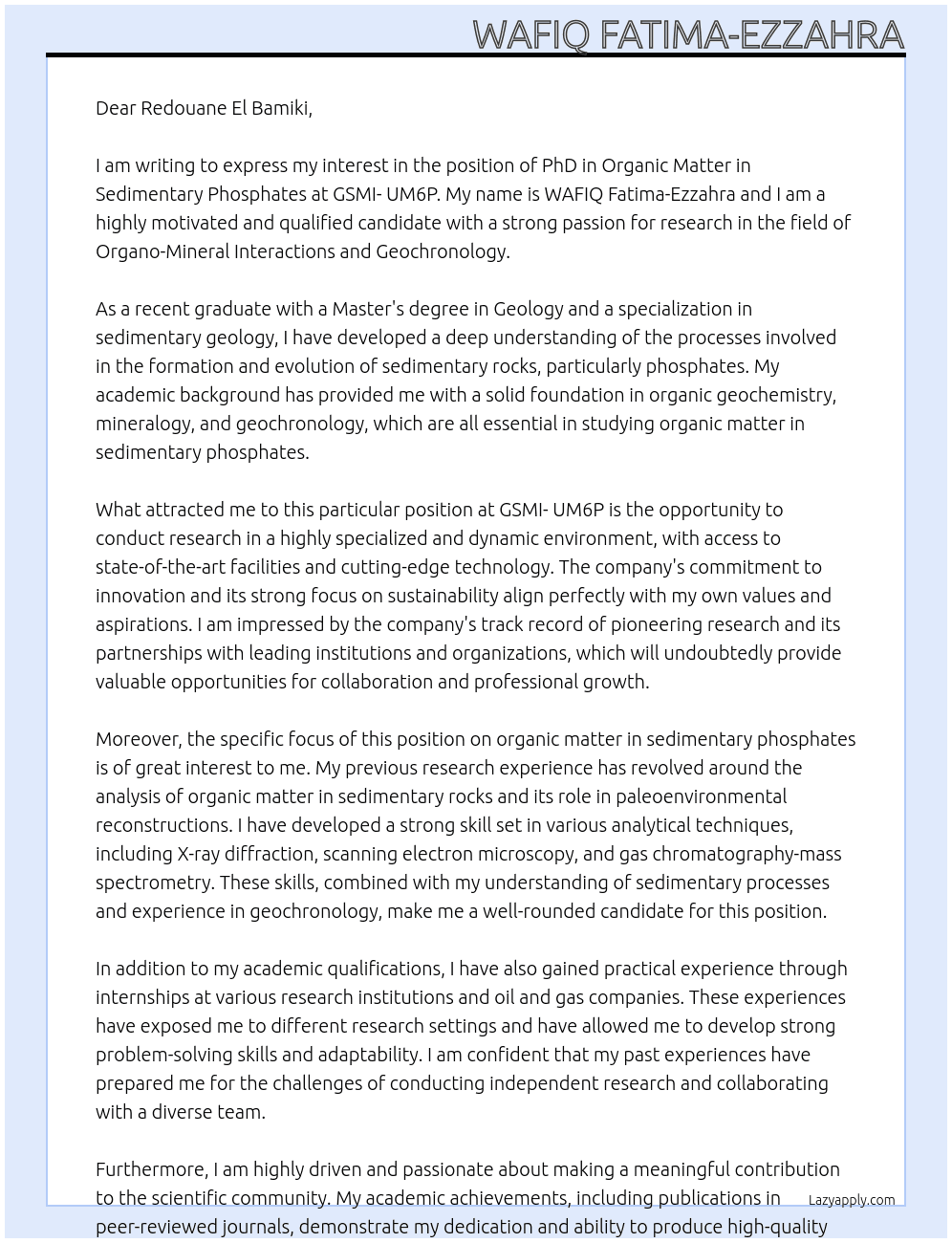 PhD in Organic Matter in Sedimentary Phosphates: Organo-Mineral Interactions and Geochronology At GSMI- UM6P Cover Letter