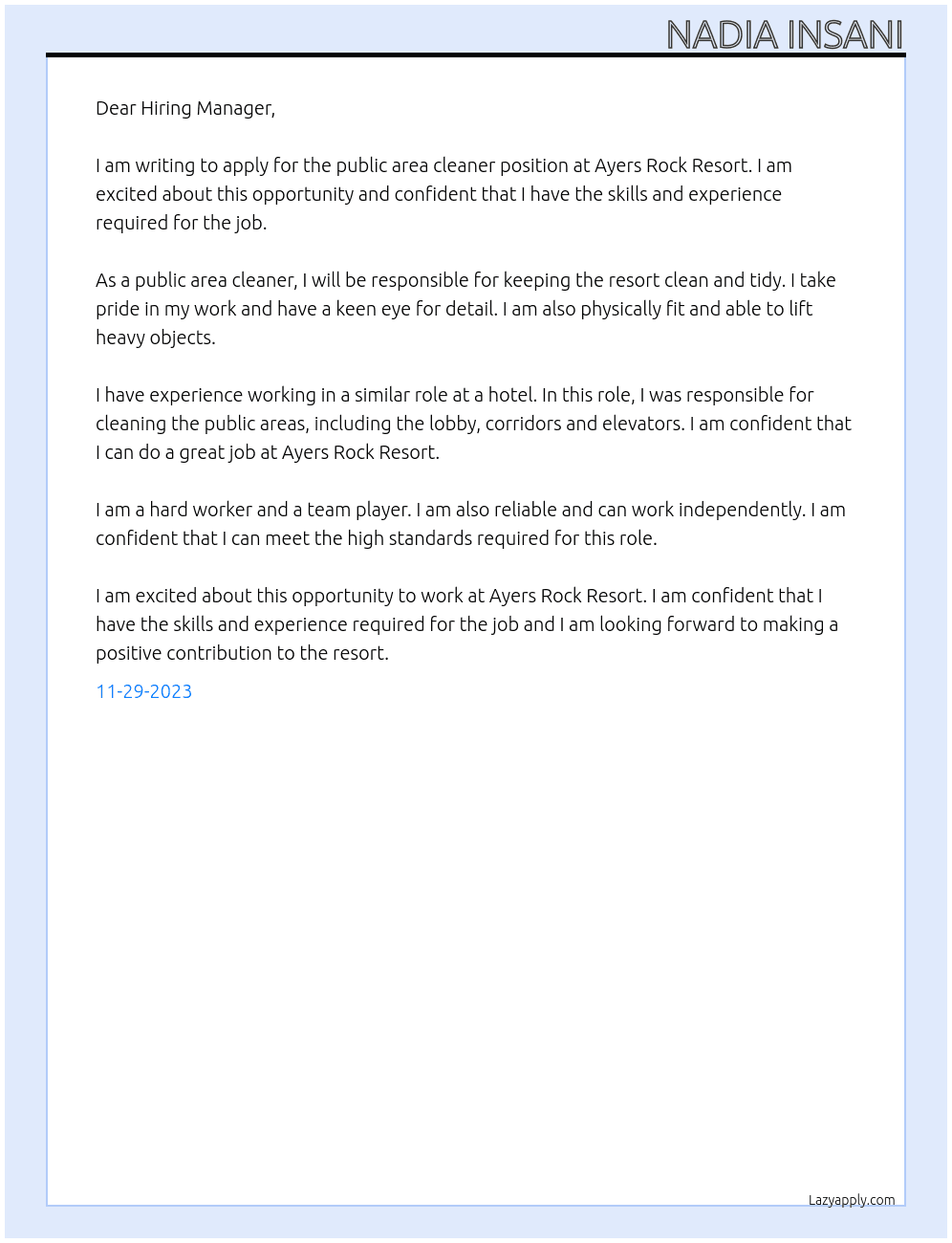Public Area Cleaner - Airport At Ayers Rock Resort Cover Letter