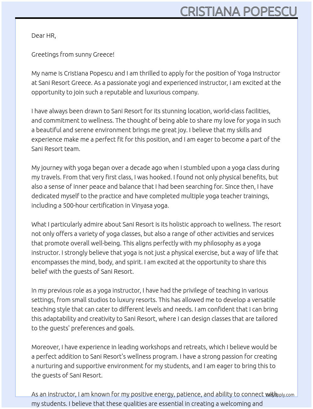 yoga instructor At Sani Resort Greece Cover Letter