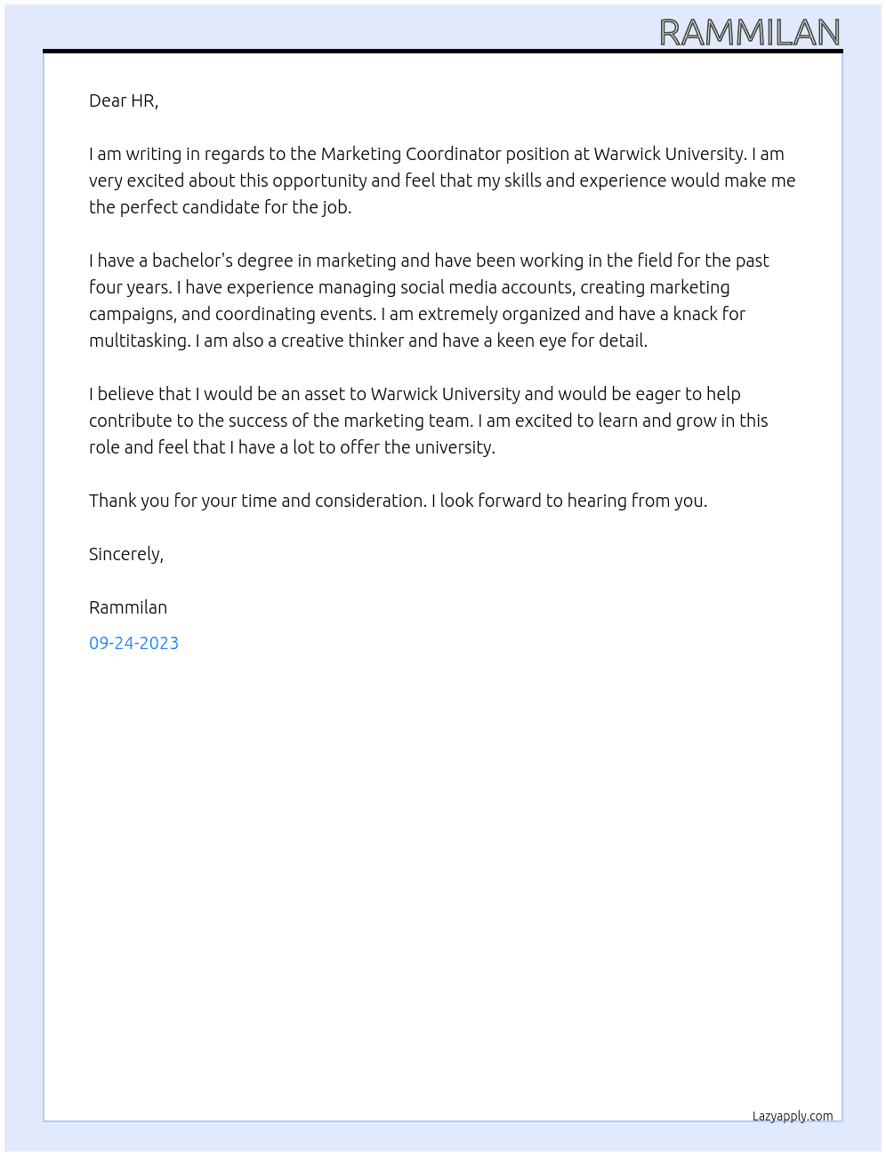 MARKETING COORDINATOR At Warwick University Cover Letter