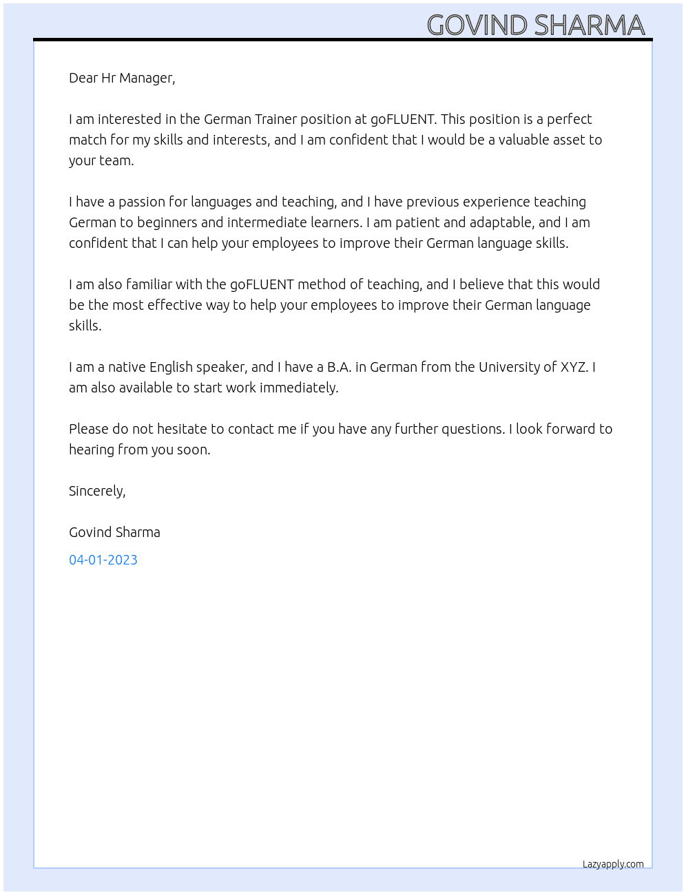 German Trainer At goFLUENT Cover Letter