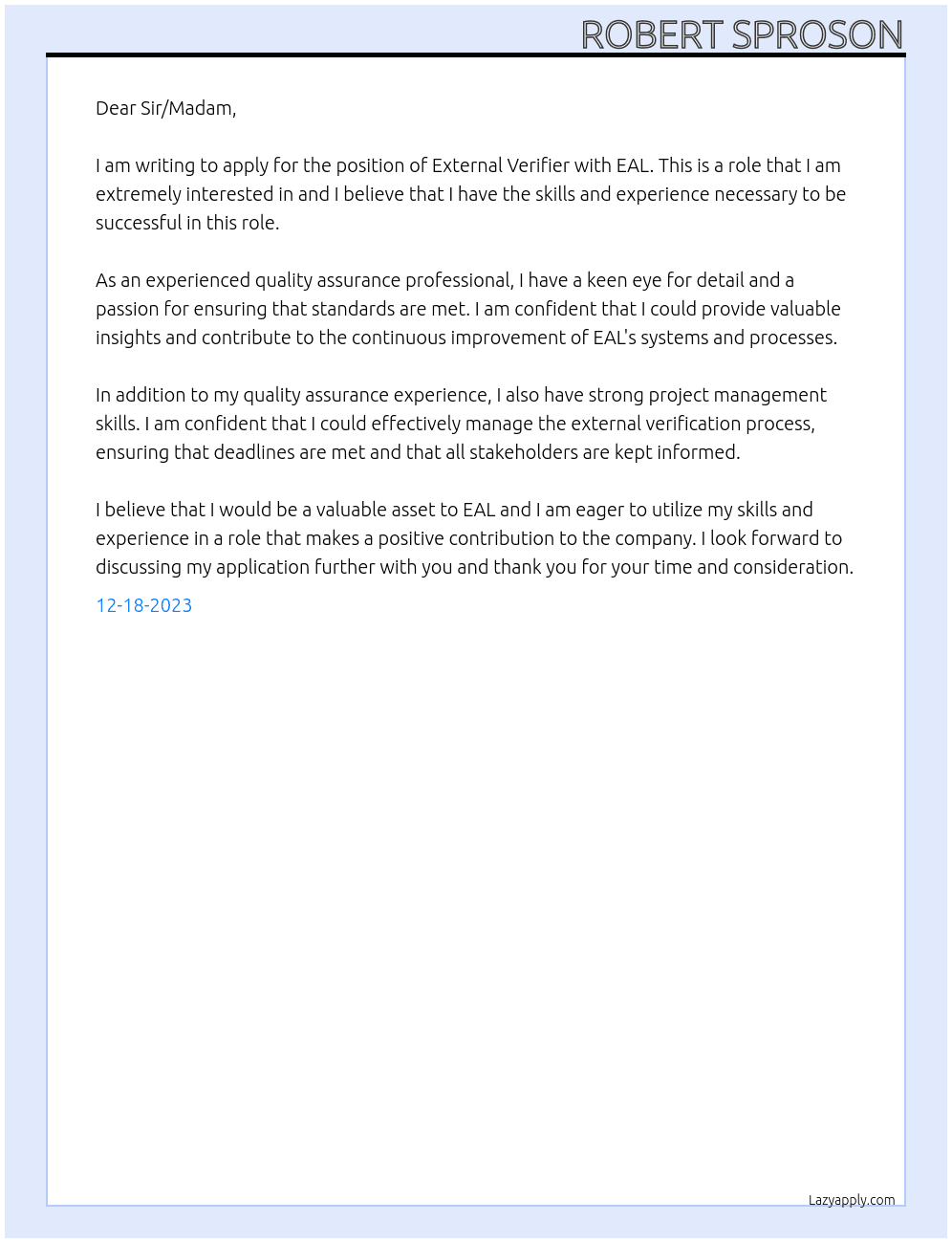 external verifier At eal Cover Letter