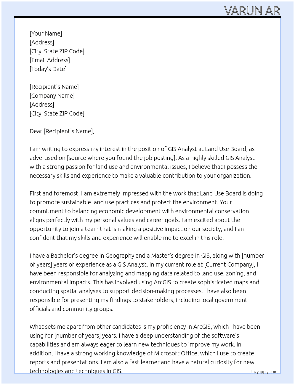 GIS analyst  At land use board Cover Letter