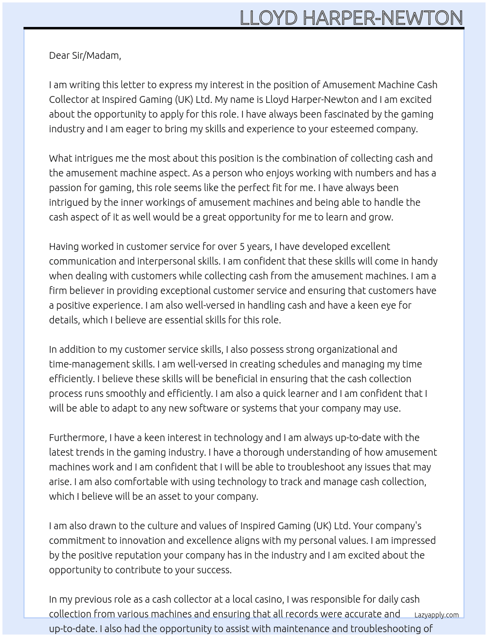 Cover letter for amusement machine cash collector - LazyApply