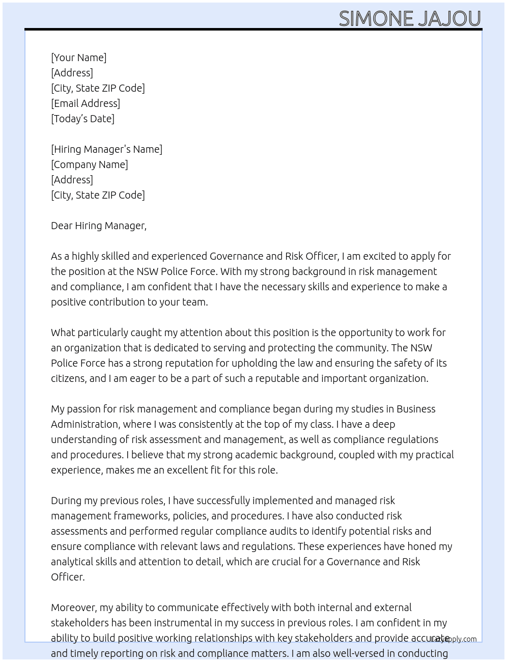 governance and risk officer At NSW Police Force Cover Letter
