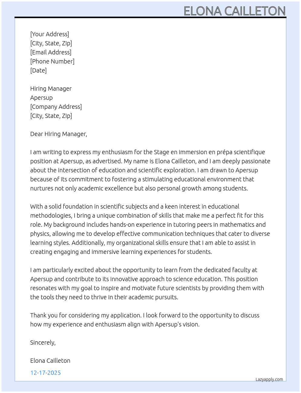 Stage en immersion en prepa scientifique  At Apersup Cover Letter
