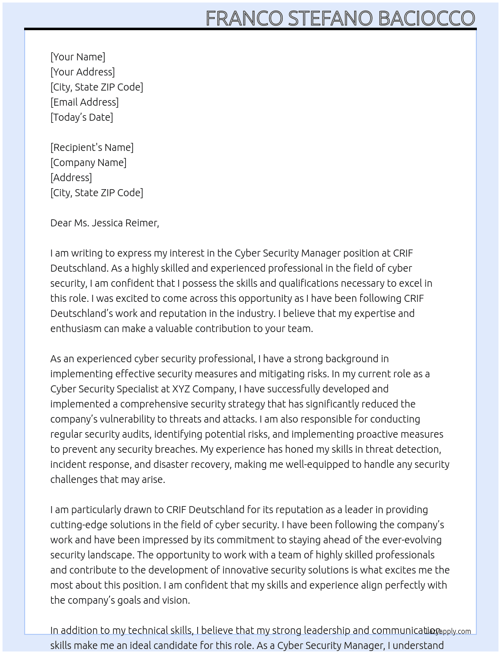 Cyber Security Manager At CRIF Deutschland Cover Letter