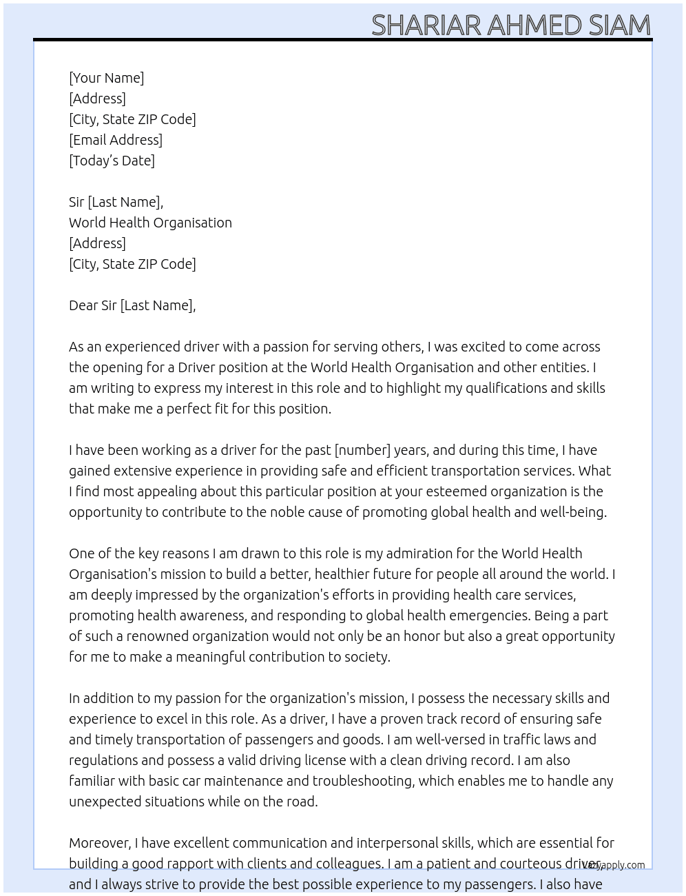 Driver At World health organisation and others entities  Cover Letter