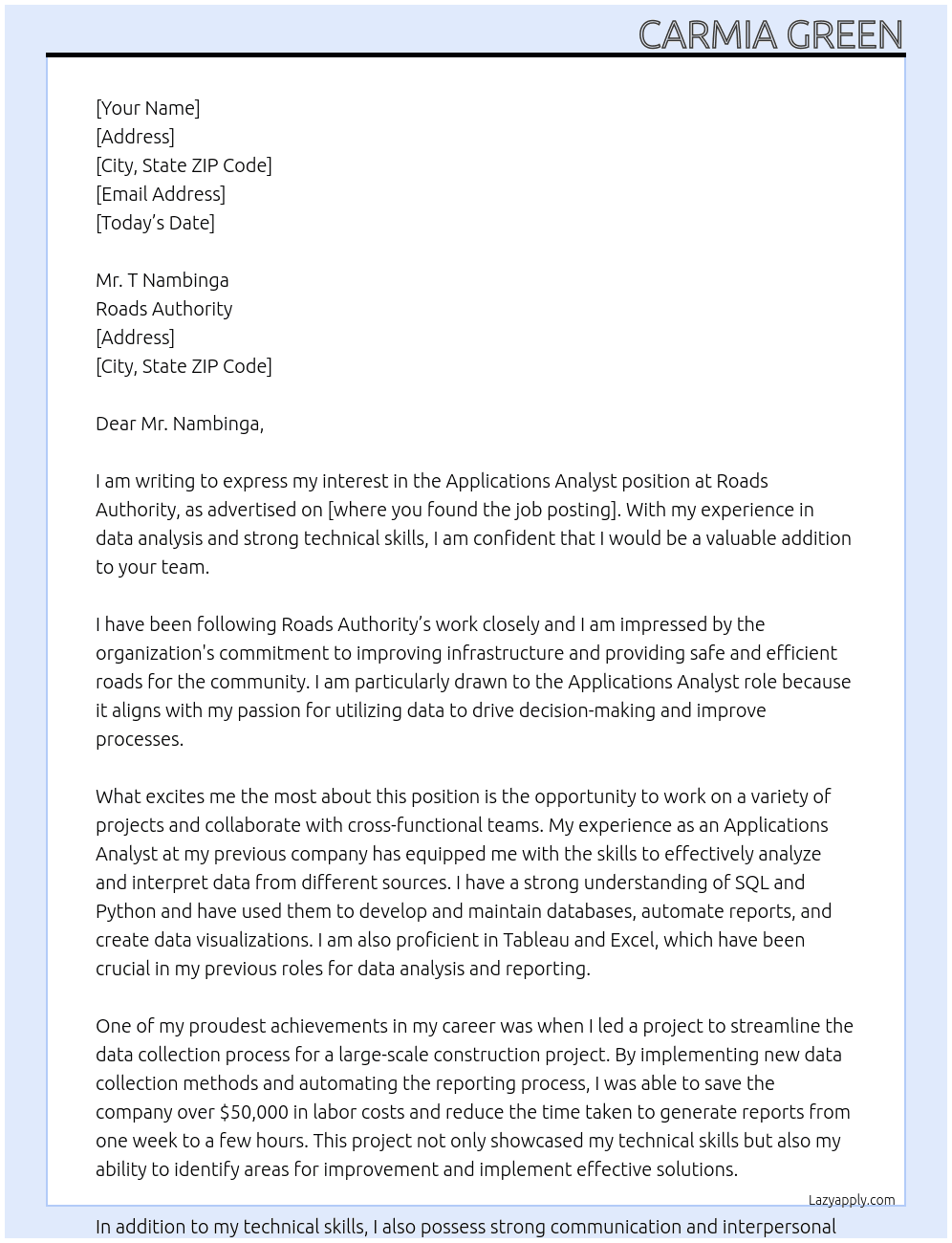 APPLICATIONS ANALYST At ROADS AUTHORITY  Cover Letter