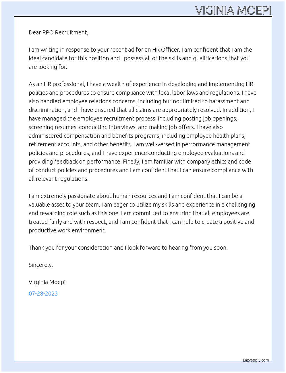 HR Officer At RPO Recruitment Cover Letter