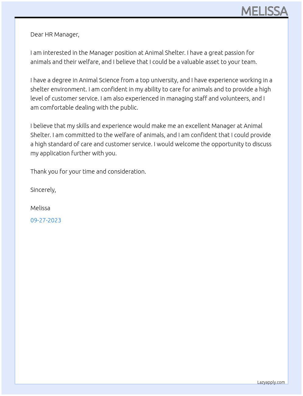 Manager At Animal Shelter Cover Letter