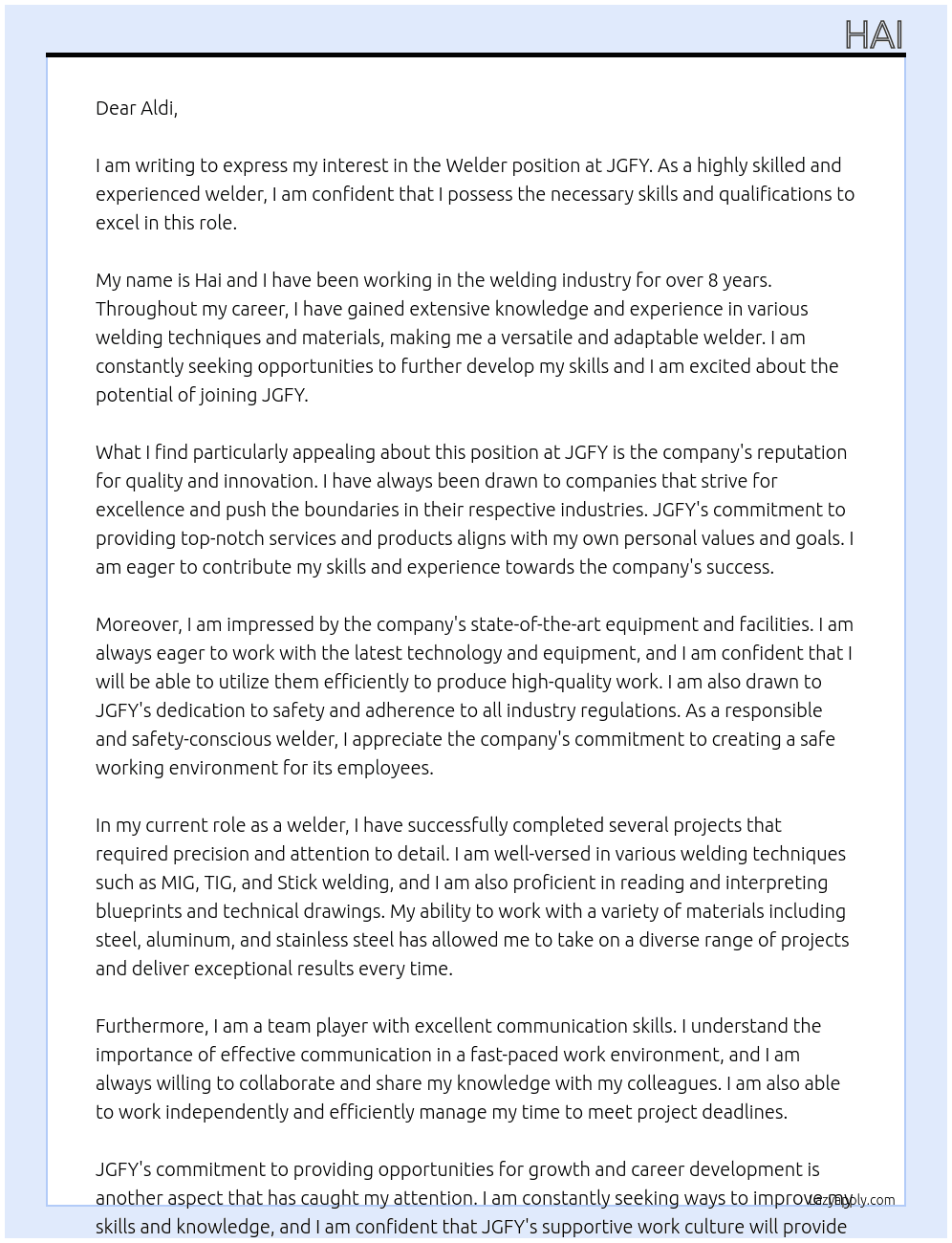 welder At jgfy Cover Letter