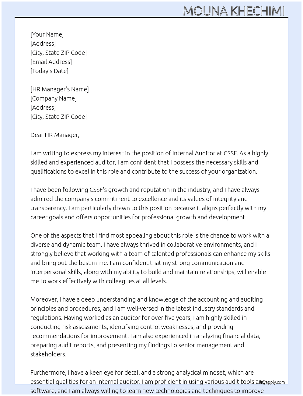 Internal Auditor At CSSF Cover Letter