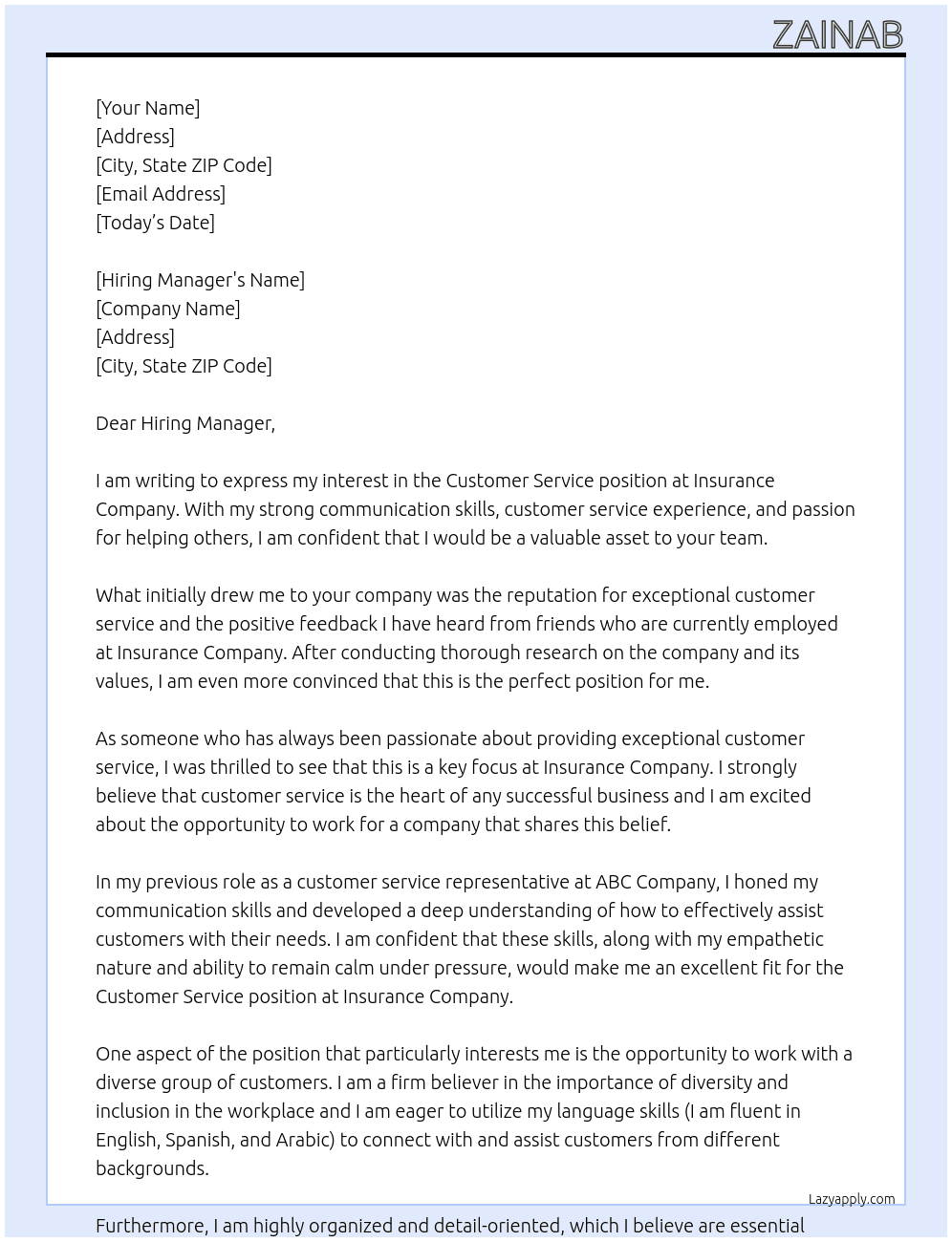 Customer service  At Insurance company  Cover Letter