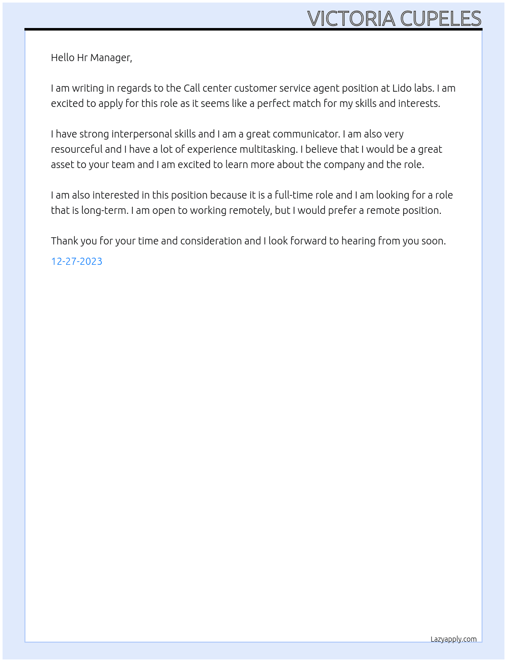 Call center customer service agent At Lido labs Cover Letter