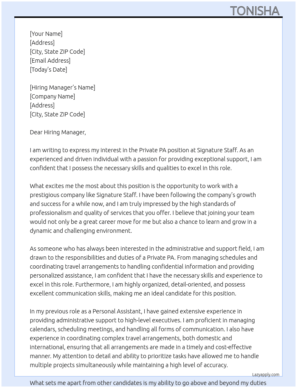 Private PA At Signature staff Cover Letter