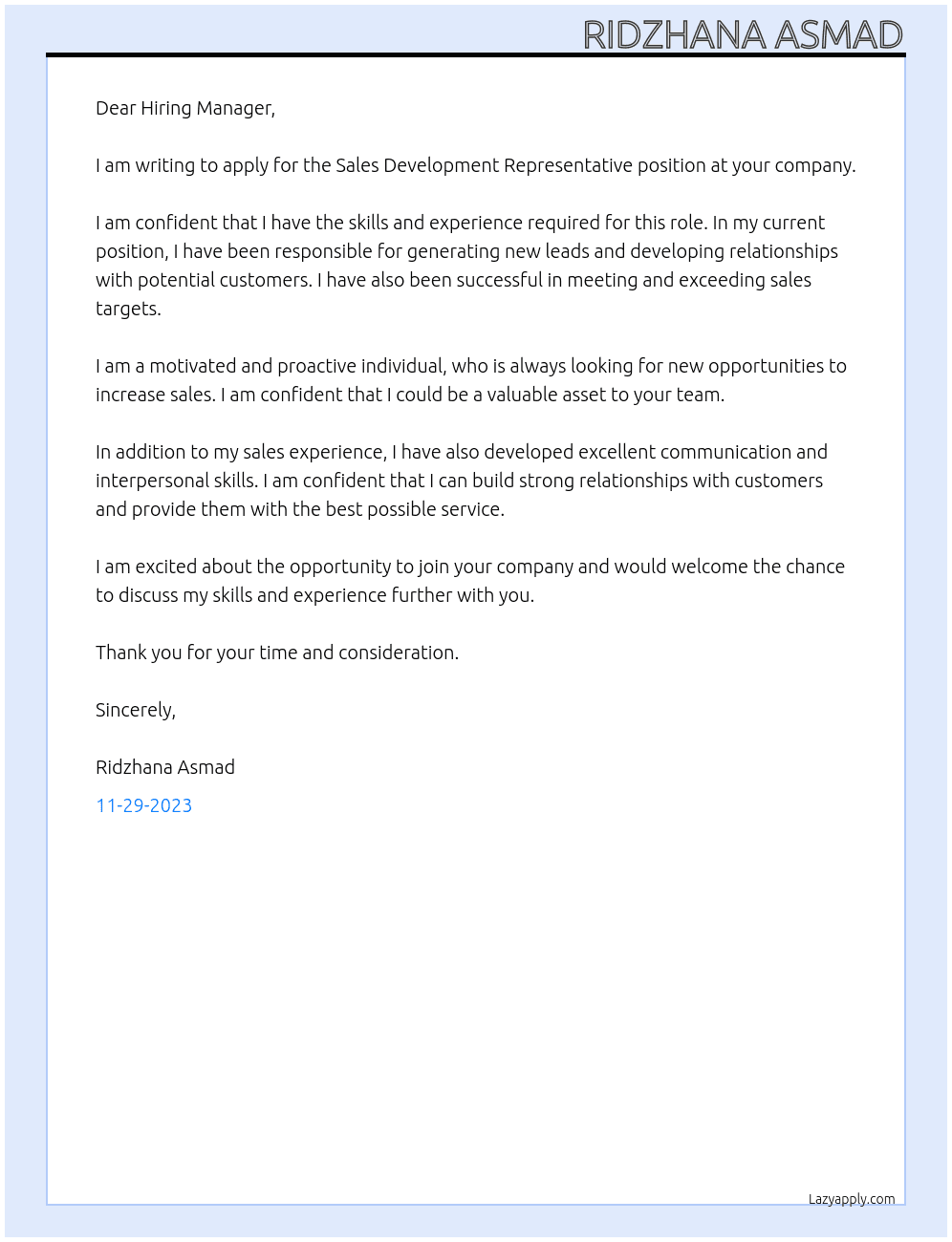 Sales Development Representative At your comapny Cover Letter