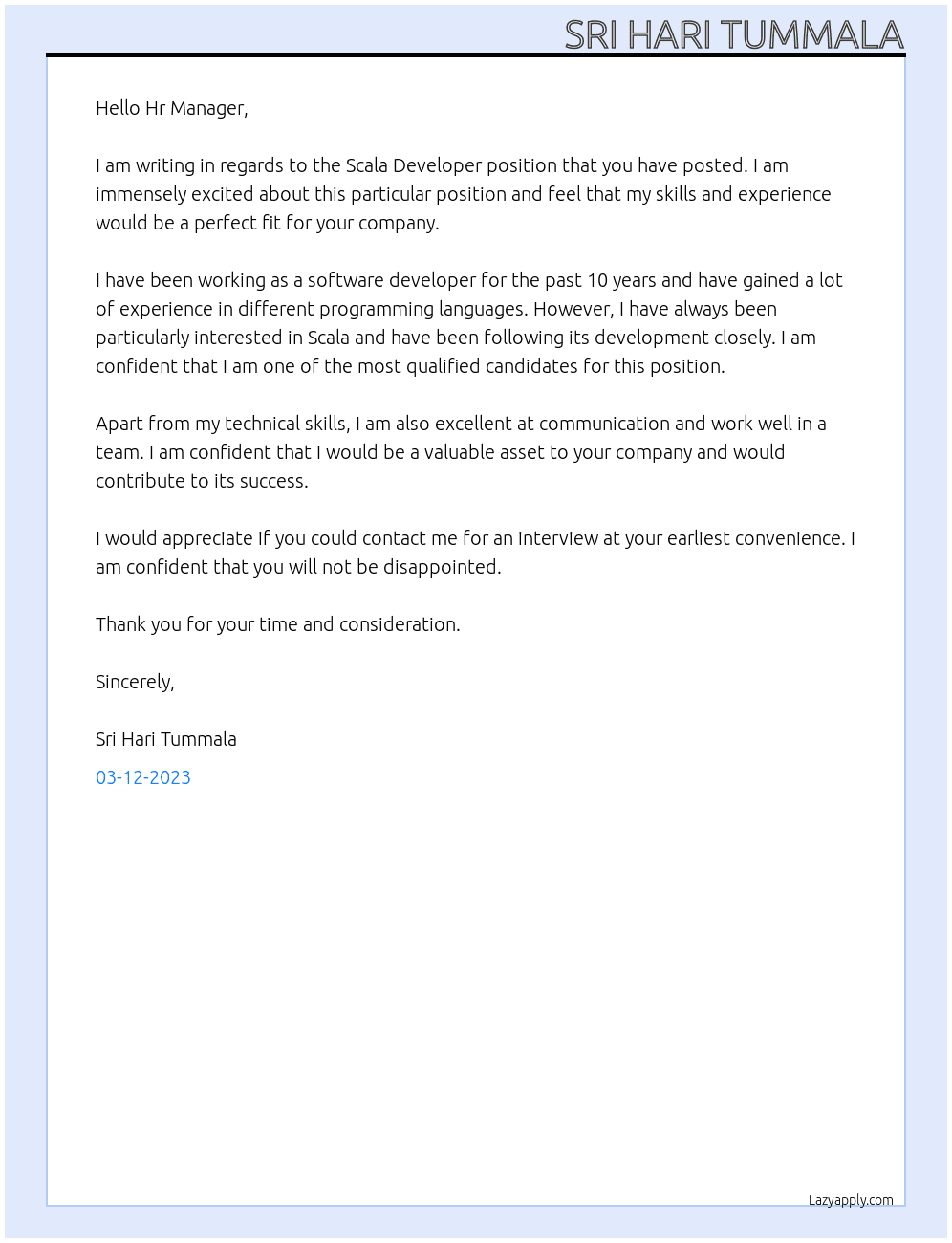 Scala Developer At sri Hari tummala Cover Letter