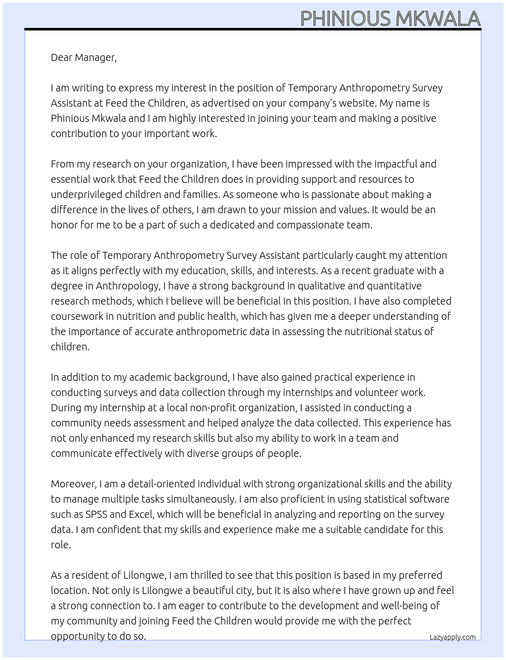 temporary anthropometry survey assistant At feed the children Cover Letter