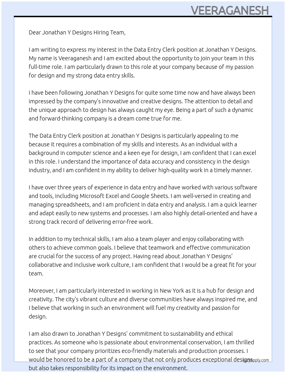 Data entry clerk At Jonathan y designs  Cover Letter