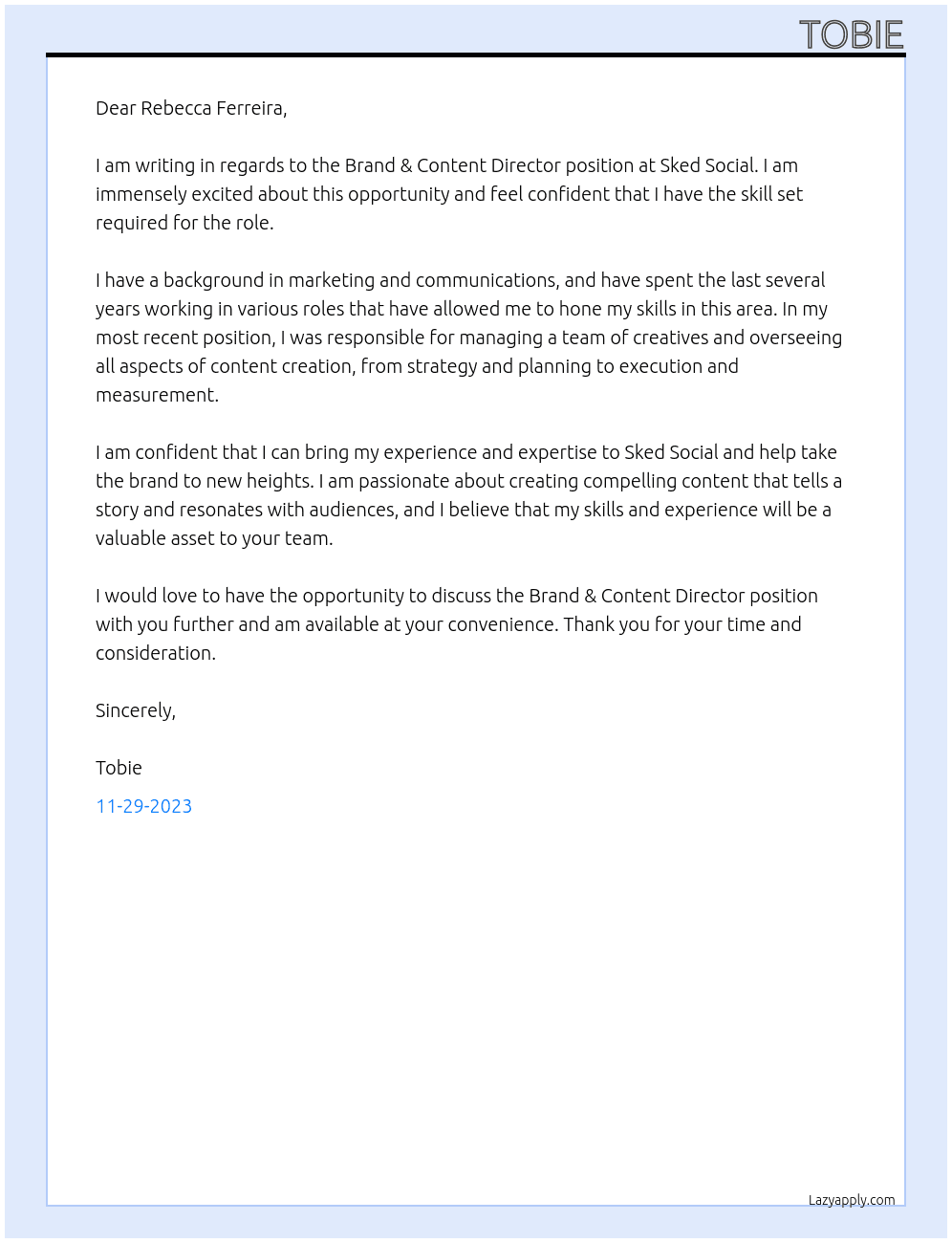 Brand & Content Director At Sked Social Cover Letter