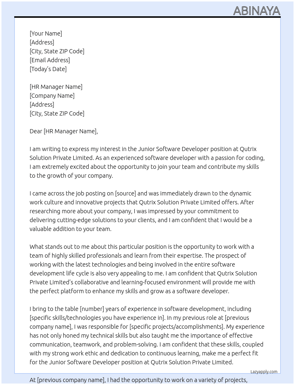 Junior Software developer  At Qutrix Solution Private Limited  Cover Letter