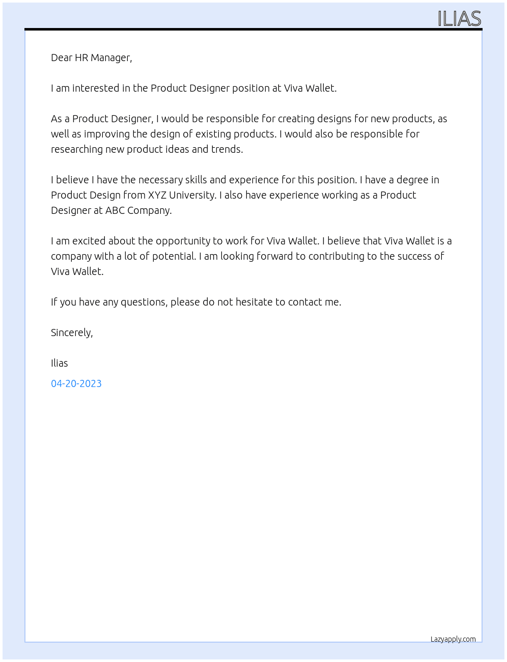 Product Designer At Viva Wallet Cover Letter