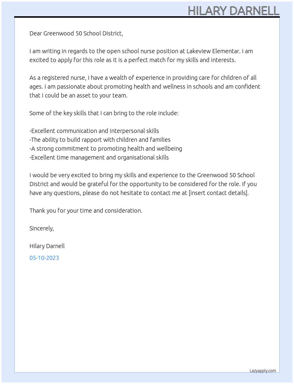 School Nurse At Greenwood 50 School District Cover Letter