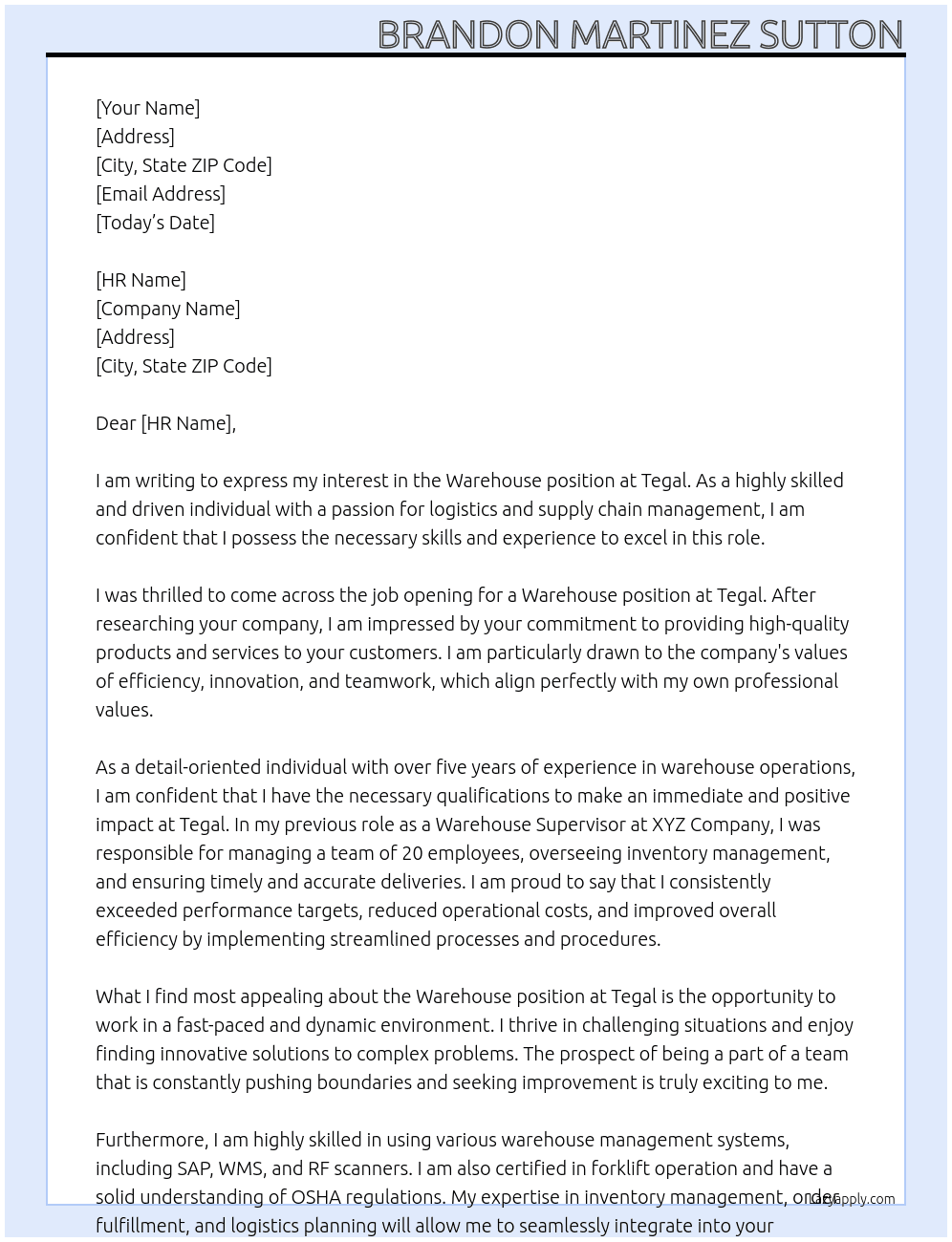 warehouse  At Tegal Cover Letter