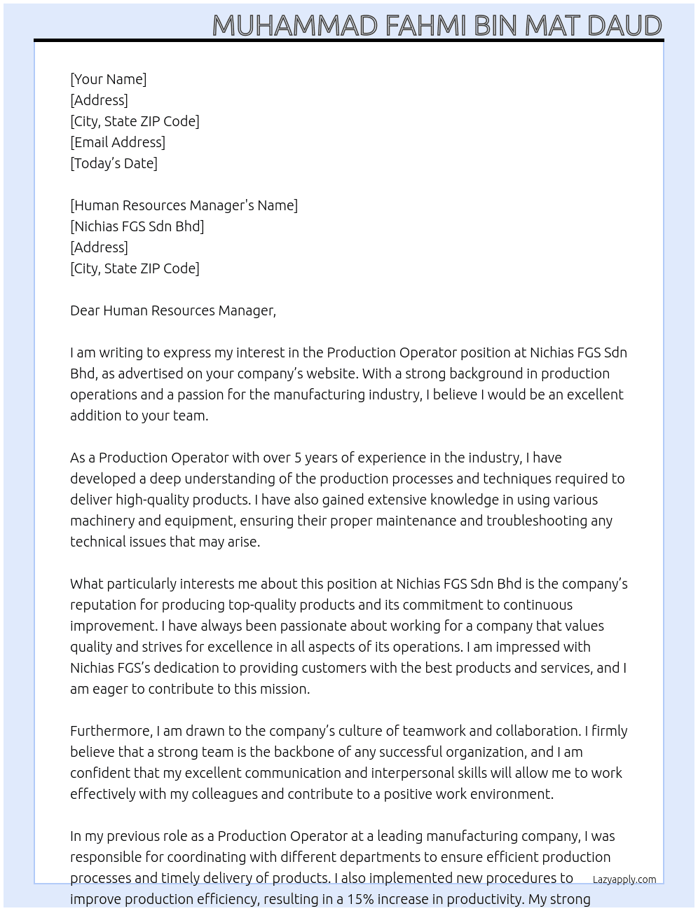 Production Operator  At Nichias FGS Sdn Bhd Cover Letter