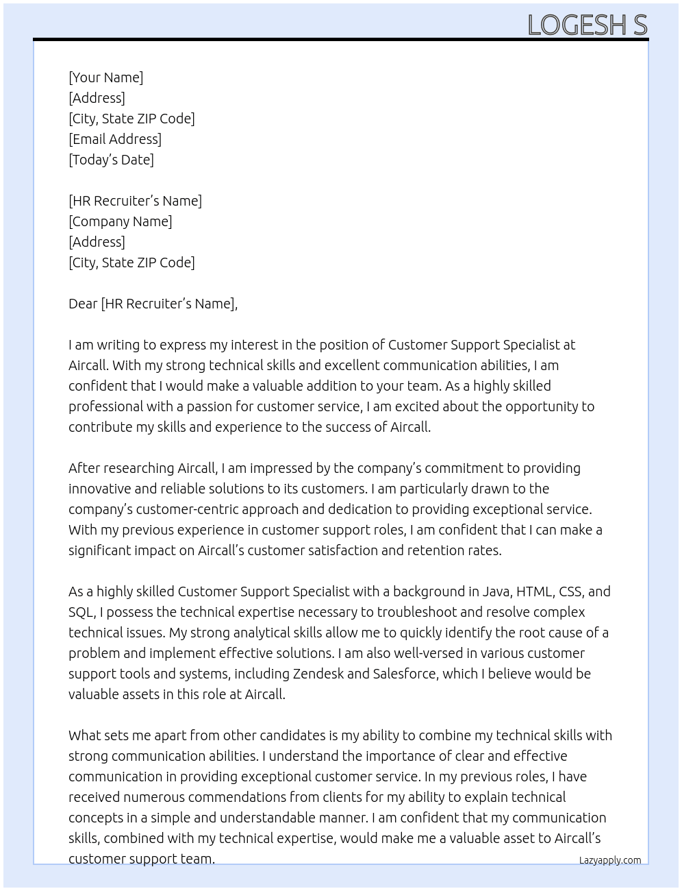 Customer support specialist  At Aircall  Cover Letter
